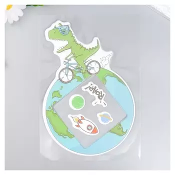 Наклейка на выключатель "Динозавр на велике" окно 8,5х8,5 см, объемная 26х16,5 см