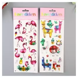 Наклейка пластик голография "Фламинго/ламы" 29х11 см