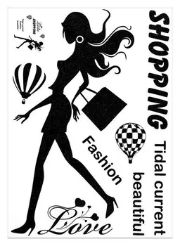 Наклейка пластик интерьерная чёрная "Девушка модница" блёстки 50х70 см