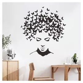 Наклейка пластик интерьерная чёрная "Девушка с прической из бабочек" 40х60 см