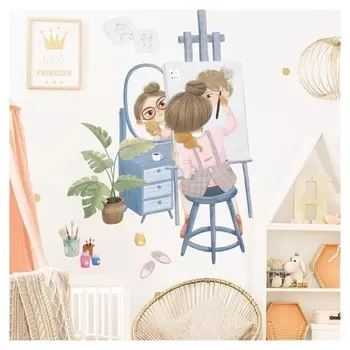 Наклейка пластик интерьерная цветная "Девочка рисует автопортрет" 44х62 см