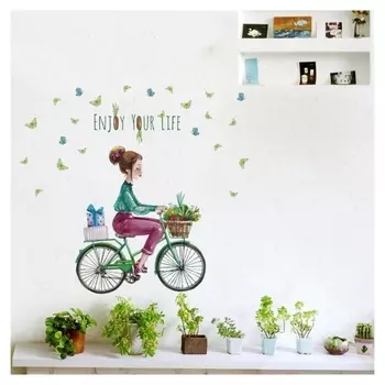 Наклейка пластик интерьерная цветная "Девушка на велосипеде" 50х70 см