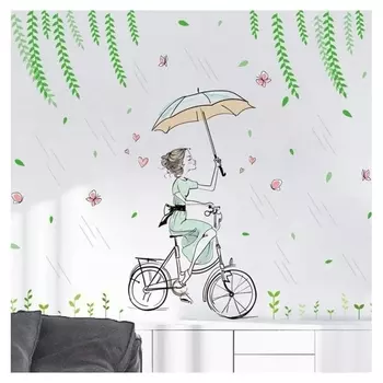 Наклейка пластик интерьерная цветная "Девушка с зонтом на велосипеде" 50х70 см