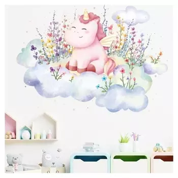 Наклейка пластик интерьерная цветная "Единорог на цветущем облачке" 30х45 см
