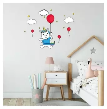 Наклейка пластик интерьерная цветная "Единорожек с воздушными шариками" 30х60 см