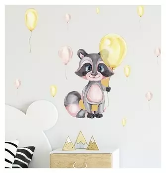 Наклейка пластик интерьерная цветная "Енотик с воздушными шарами" 30х60 см