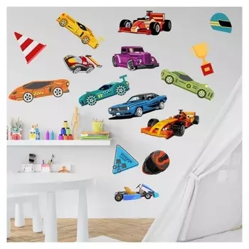 Наклейка пластик интерьерная цветная "Гоночные автомобили" 35х50 см