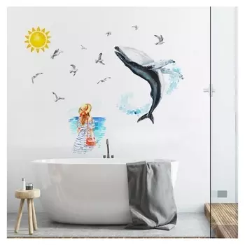 Наклейка пластик интерьерная цветная "Кит, чайки, море и девушка" 50х70 см