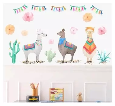 Наклейка пластик интерьерная цветная "Ламы и кактусы" 40х60 см