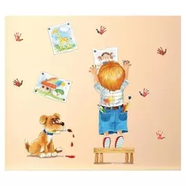 Наклейка пластик интерьерная цветная "Малыш с собакой - рисование" 50х70 см