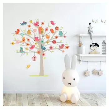 Наклейка пластик интерьерная цветная "Птички на дереве с цветами" 25х35 см набор 4 листа