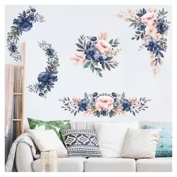 Наклейка пластик интерьерная цветная "Розово-синие цветы" 35х60 см