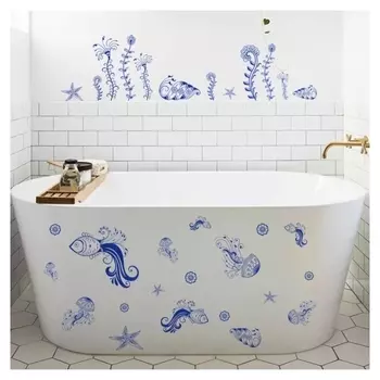 Наклейка пластик интерьерная цветная "Рыбы и медузы" синяя 60х30 см