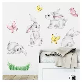 Наклейка пластик интерьерная цветная "Серые зайчики и бабочки" 40х60 см