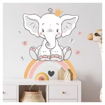 Наклейка пластик интерьерная цветная "Слонёнок в короне на радуге" 39х49 см