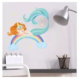 Наклейка пластик интерьерная цветная "Спящая русалочка на радуге" 30х30 см