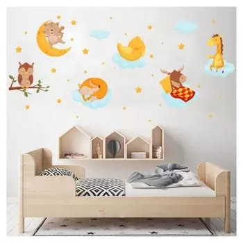 Наклейка пластик интерьерная цветная "Спящие зверята на облаках" 40х60 см