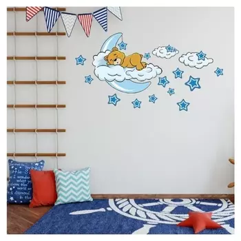 Наклейка пластик интерьерная цветная "Спящий мишка на месяце, среди звёзд" 30х60 см