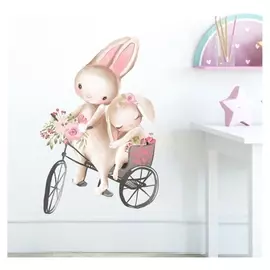 Наклейка пластик интерьерная цветная "Зайчики на велосипеде" 30х60 см