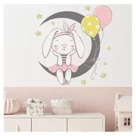 Наклейка пластик интерьерная цветная "Зайка на месяце с шариками" 30х60 см