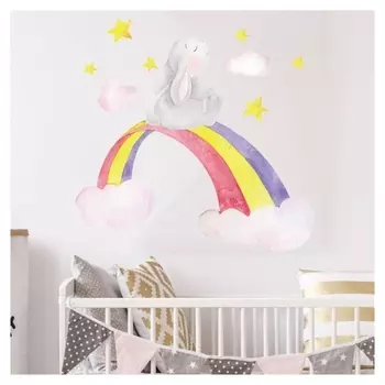 Наклейка пластик интерьерная цветная "Зайка на радуге" 41х39 см