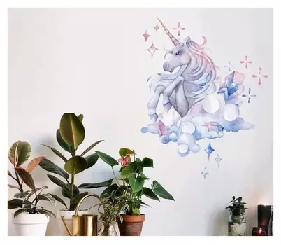 Наклейка пластик интерьерная "Единорог и кристаллы" 45х30 см