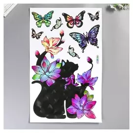 Наклейка пластик интерьерная голография "Котик с цветами" 50х32 см