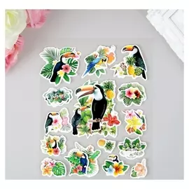 Наклейка пластик, картон 6D с блёстками "Туканы в цветах" 25х17 см