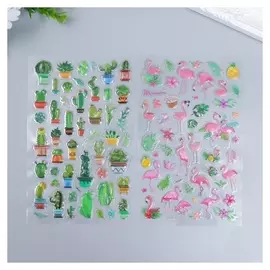Наклейка пластик объёмные "Фламинго и кактусы" 14,5х25 см