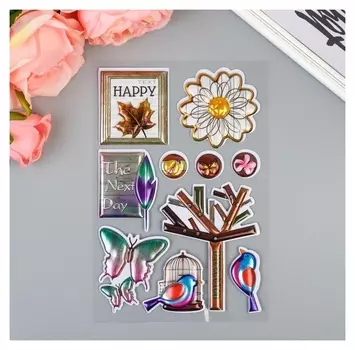 Наклейка пластик выпуклая металлик "Цветы, бабочки и птицы" 28,5х15,5 см