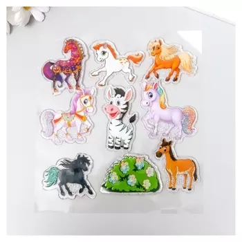 Наклейка силикон с блёстками на стекло "Лошади и зебры" 18,5х17 см