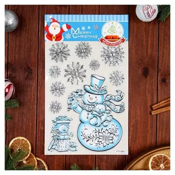 Наклейки на окна "Новогодние" снеговик, снежинки, 38 х 22 см