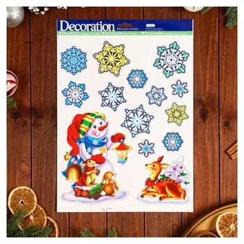 Наклейки на окна "Новогодние" снеговик, снежинки, 41 х 29 см
