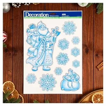 Наклейки на окна "Новогодние" снежинки, Дед мороз, 41 х 29 см