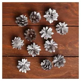 Новогодний декор «Набор серебряных шишек» 12 шт.