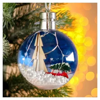 Новогодний шар с деревянной фигуркой и подсветкой «Машина и ёлка» 10х10 см