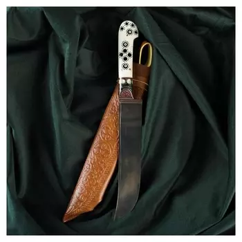 Нож пчак шархон - кость, ёрма сапожок "Мехенди" гарда олово, гравировка с садафом, 17 см