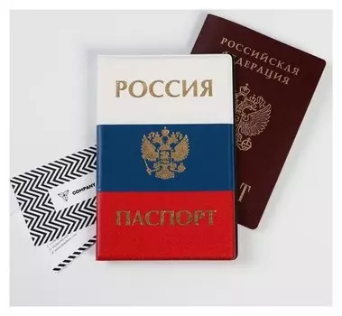 Обложка для паспорта триколор тиснение золотом "Россия паспорт" (1 шт)