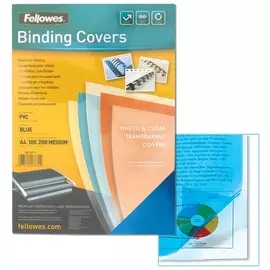 Обложки пластиковые для переплета, А4, комплект 100 шт., 200 мкм, прозрачно-синие, FELLOWES "Transparent"