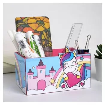 Органайзер для канцтоваров Единорог с сердечком розовый замок, 100 х 150 х 80 мм