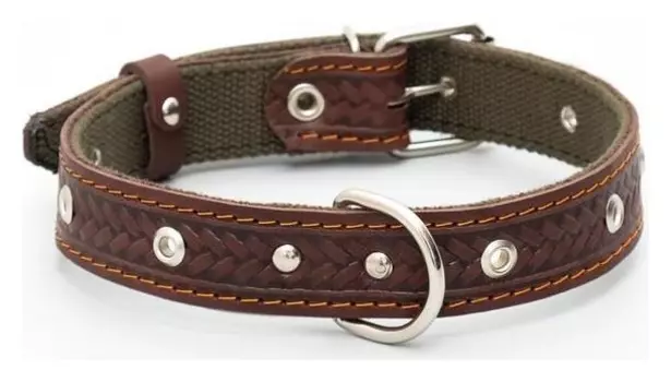 Ошейник комбинированный безразмерный, кожа/брезент, 60х3 см, ОШ 30-57 см, коричневый/зелёный