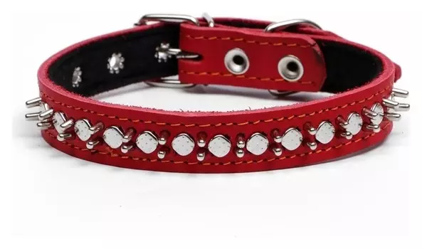 Ошейник кожаный на синтепоне "Ёж", 56 х 2.5 см, ОШ 35-45 см, красный