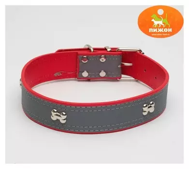 Ошейник широкий со светоотражающей полосой и косточками, 66 х 3,5 см, красный