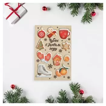 Открытка деревянная "Чудес в Новом Году!" Дед Мороз, 10 х 15см