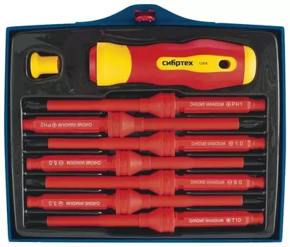 Отвертка диэлектрическая со сменными жалами Sl/ph, 7 предметов, сибртех, до 1000 В, пластиковый бокс, 12938