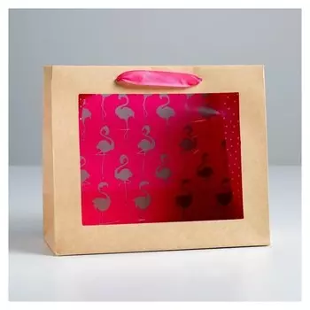 Пакет крафтовый с пластиковым окном «Фламинго», 24 х 20 х 11см