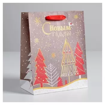 Пакет крафтовый вертикальный «Новогодние ёлки», 18 × 23 × 8 см