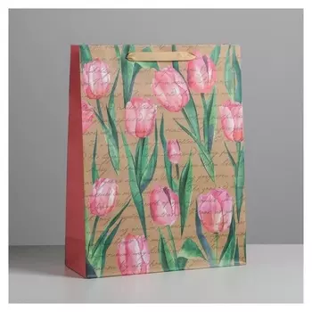Пакет крафтовый вертикальный «Тюльпаны», L 31 × 40 × 11.5 см