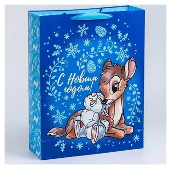 Пакет ламинат вертикальный С Новым Годом! Бэмби и зайчик Топотун на фоне узоров 31х40х11 см