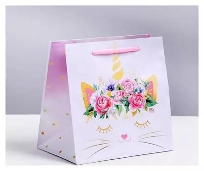 Пакет ламинированный квадратный «Кошка‒единорожка», 22 × 22 × 11 см